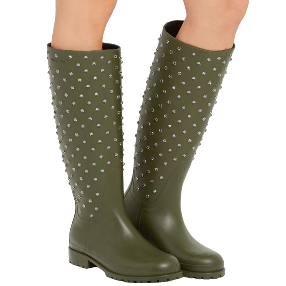 Yves Saint Laurent YSL Swarovski Crystal Rubber Rain Boots Olive Green Size 7